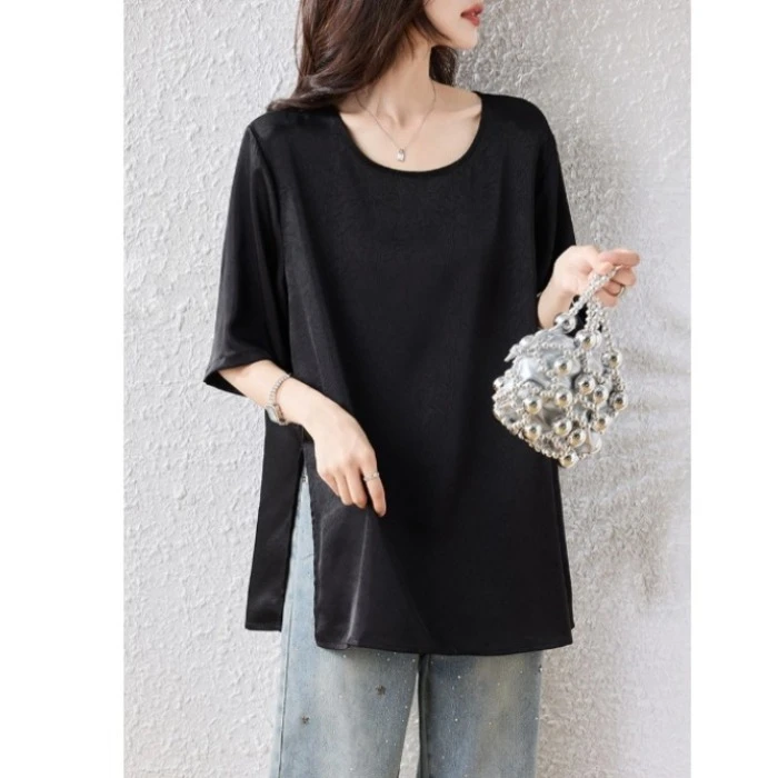 大码女装短袖衬衫2025夏新款圆领宽松遮肉显瘦T恤洋气小衫上衣