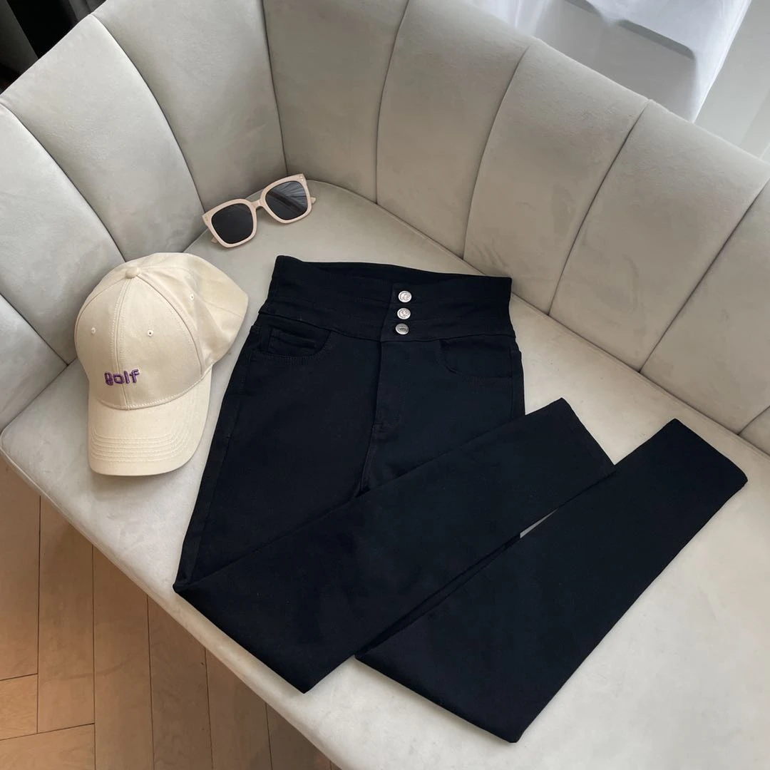 高腰加绒加厚显瘦弹力大紧身三粒扣魔术牛仔裤 K24367