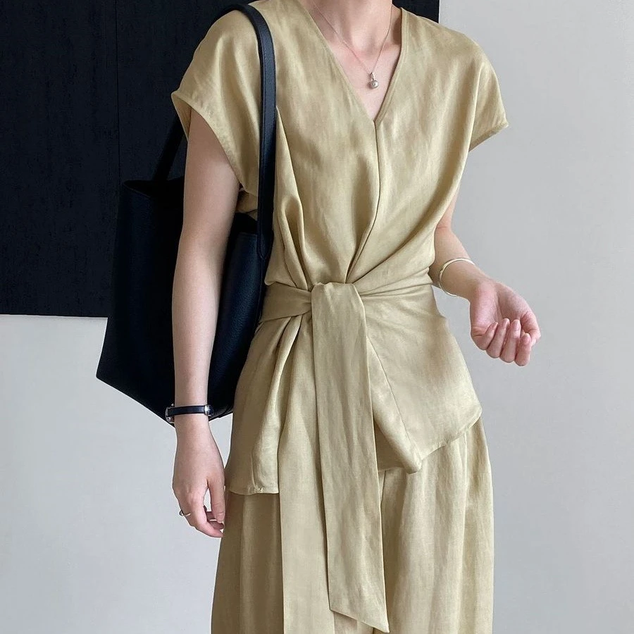 时尚夏季显瘦气质小众阔腿系带衬衫套装韩系新款绑带无袖衬衫阔腿