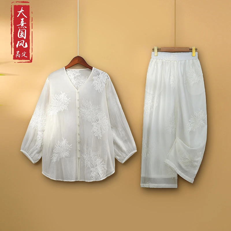 【舒菊】2025新款夏季新中式上衣+九分裤绣花国风薄款两件套装女款