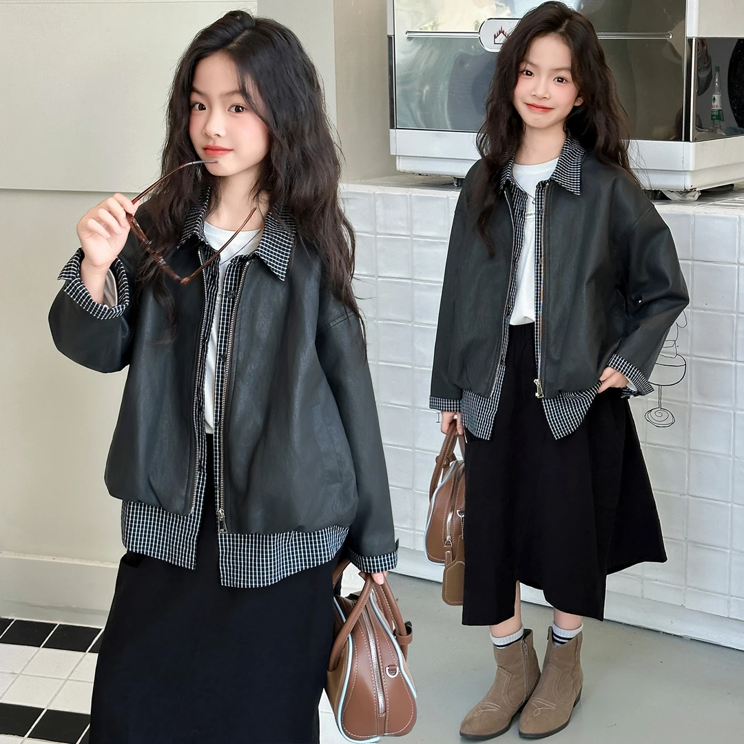 女童外套2025秋季新款儿童洋气皮衣秋装中大童休闲翻领夹克衫上衣