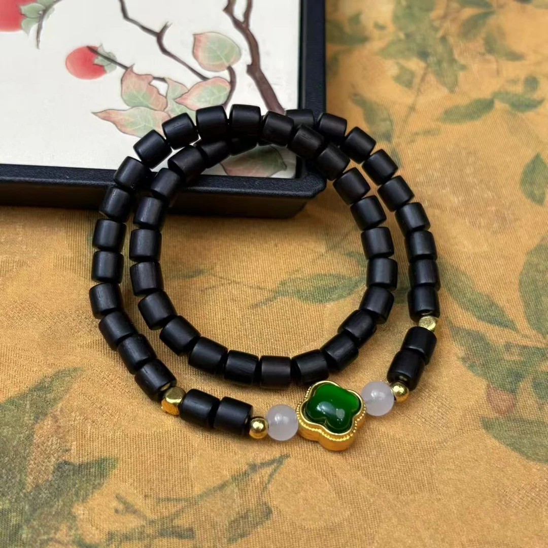 S1399-黑檀桶珠6*6mm+四叶草配饰双圈手串
