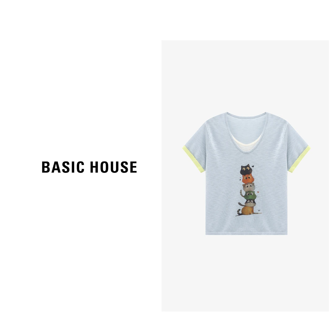 Basic House/百家好夏季新款假两件显瘦短袖针织衫-B0625B5S792