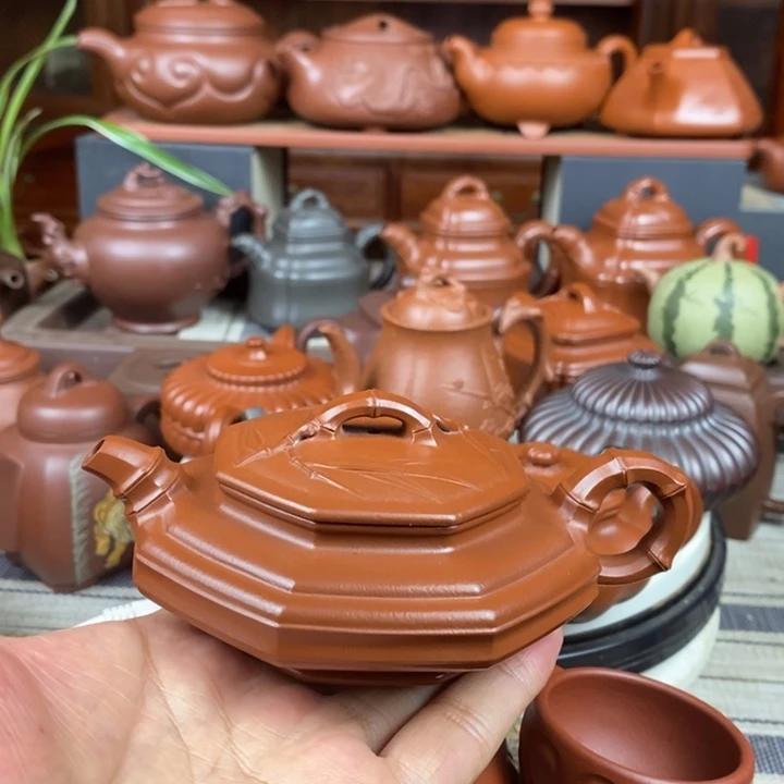 茶壶紫砂六方扁竹150cc原矿赵庄朱泥特价