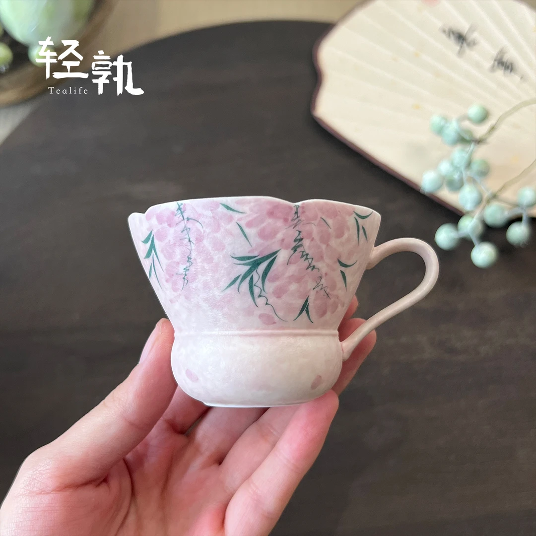 轻孰 手绘紫藤花茶杯主人杯花口把手杯家用防烫女士个人杯品茗杯