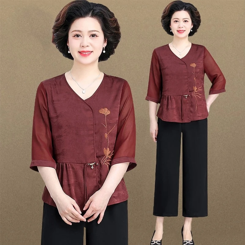 新中式妈妈夏装套装国风七分袖小衫2025新款中老年女短袖上衣