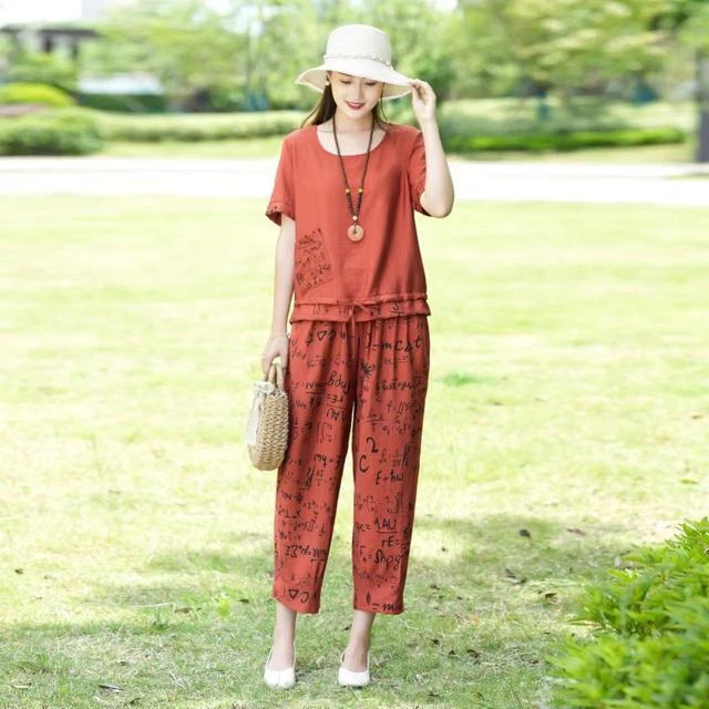 哥弟阿玛施正品妈妈装夏季休闲棉嘛套装2025新款洋气印花字母短袖