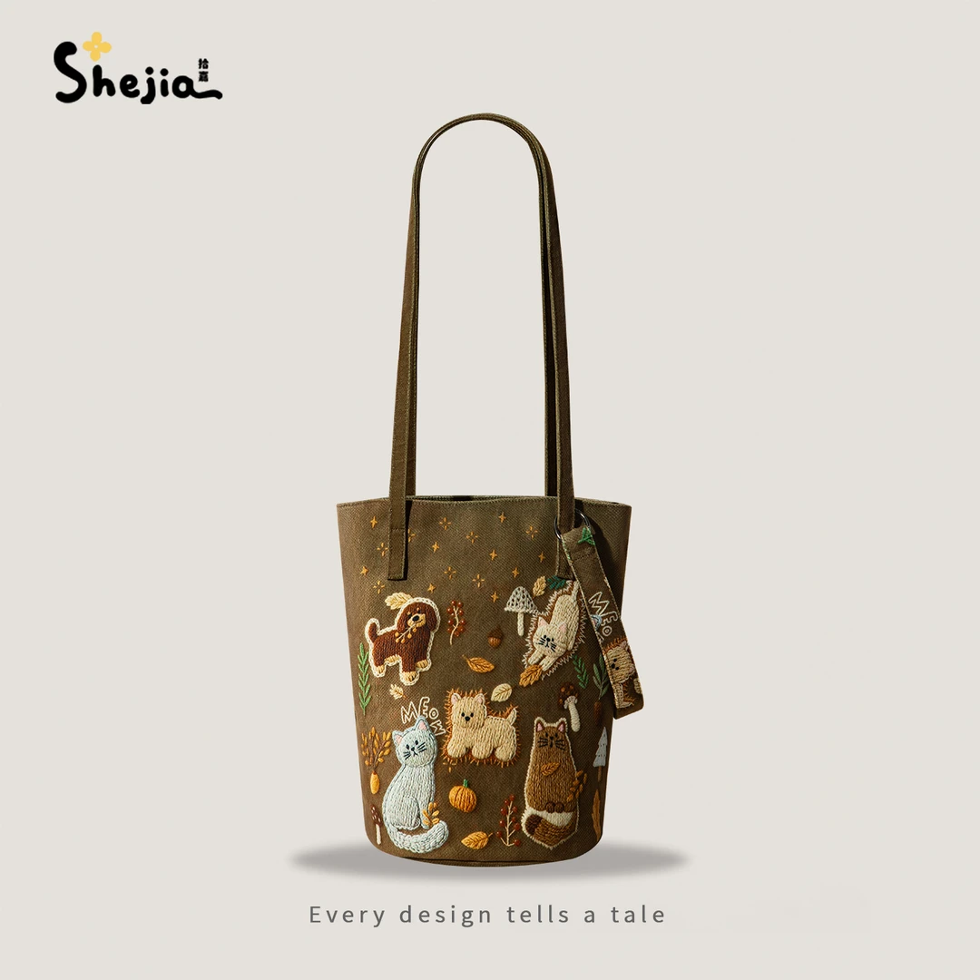 【送手机袋】拾嘉X美拉德色系猫狗休闲百搭时尚单肩可斜挎水桶包