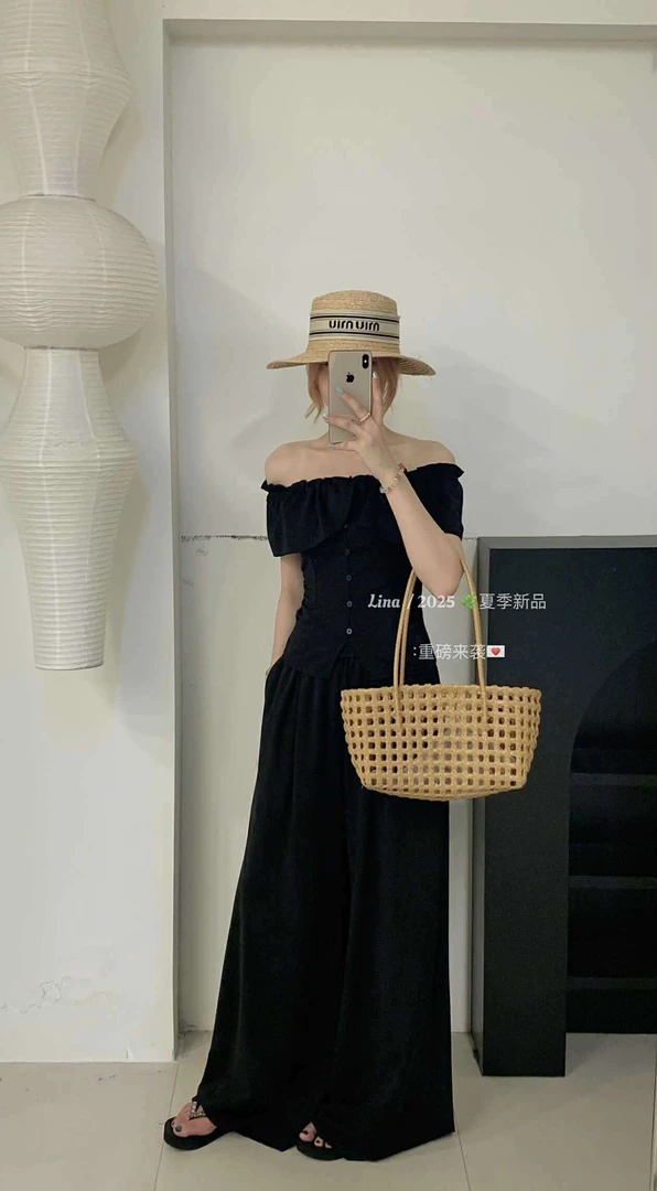 轻熟风一字领花边小衫搭配阔腿裤显瘦套装8350