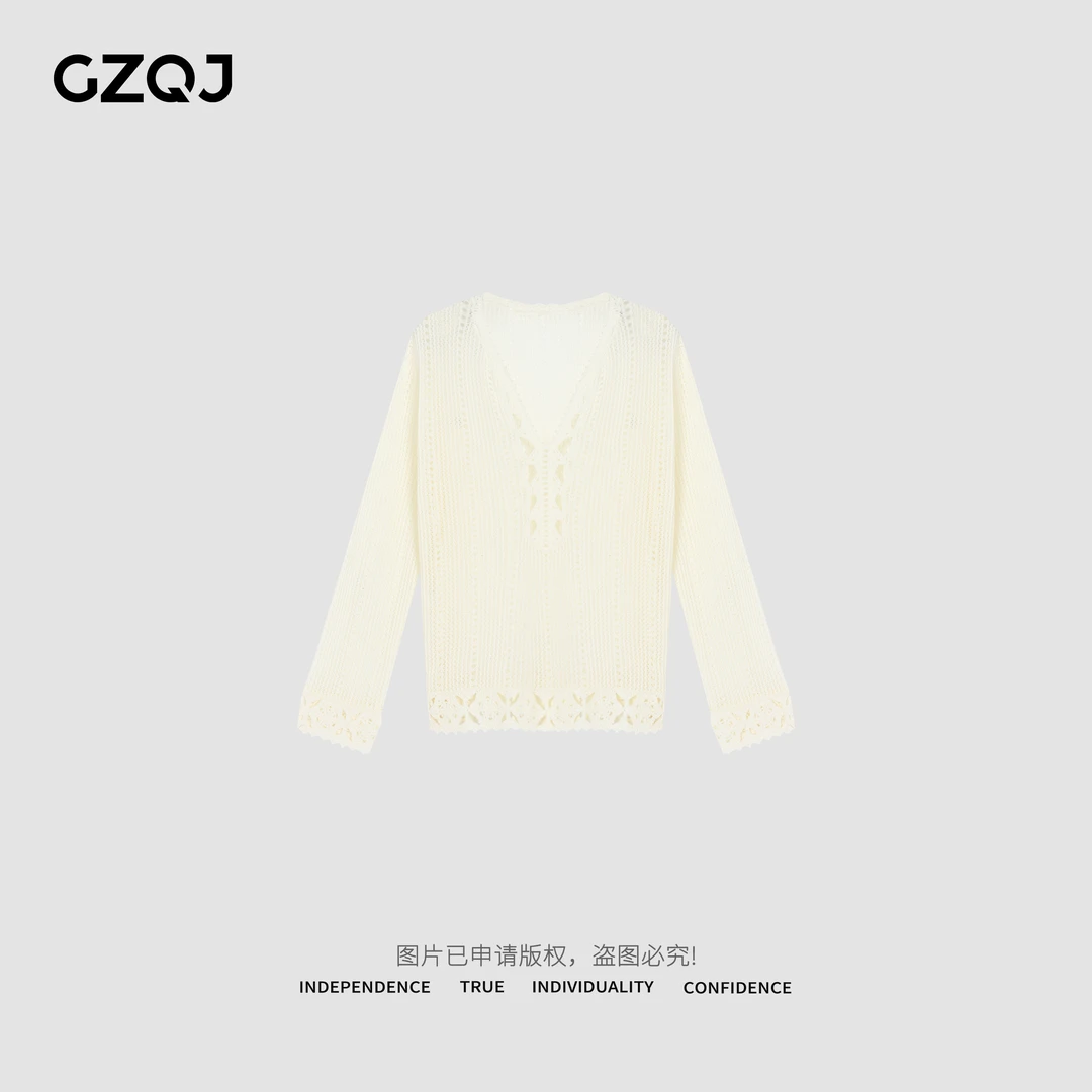 GZQJ【藤暮织语】欧若风亚麻天丝镂空防晒针织罩衫女上衣3556