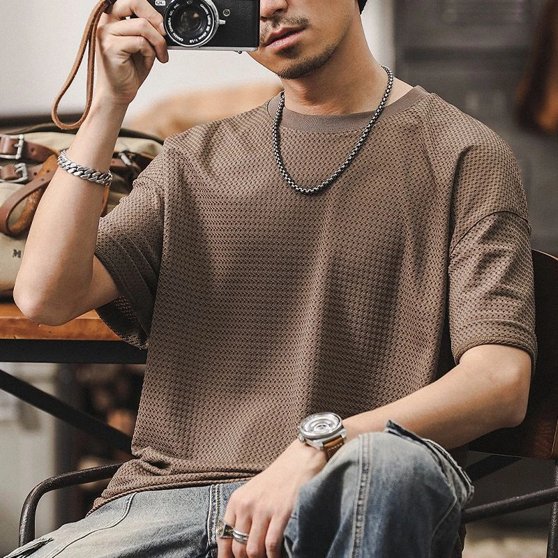 韩版休闲ins短袖百搭大码宽松型夏季薄款上衣圆领T恤青少年华夫格