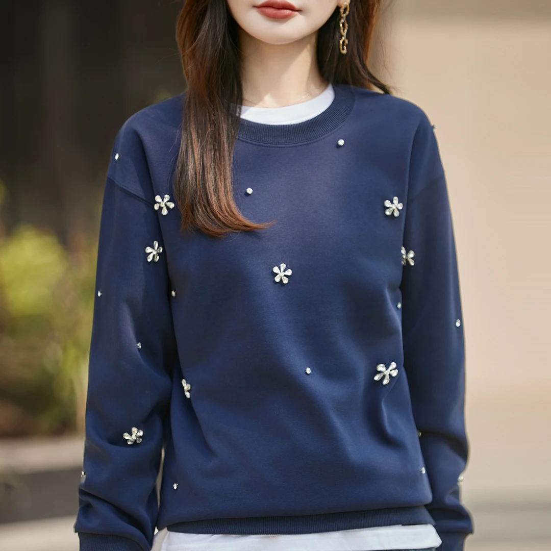 品牌秋冬新款韩系重工小花钉珠圆领卫衣森系时尚洋气宽松休闲上衣