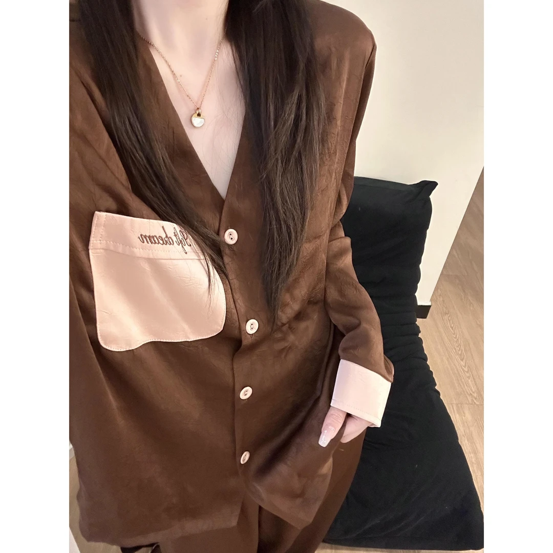 琥珀流光轻奢风美拉德撞色V领睡衣女春秋新款长袖长裤家居服套装
