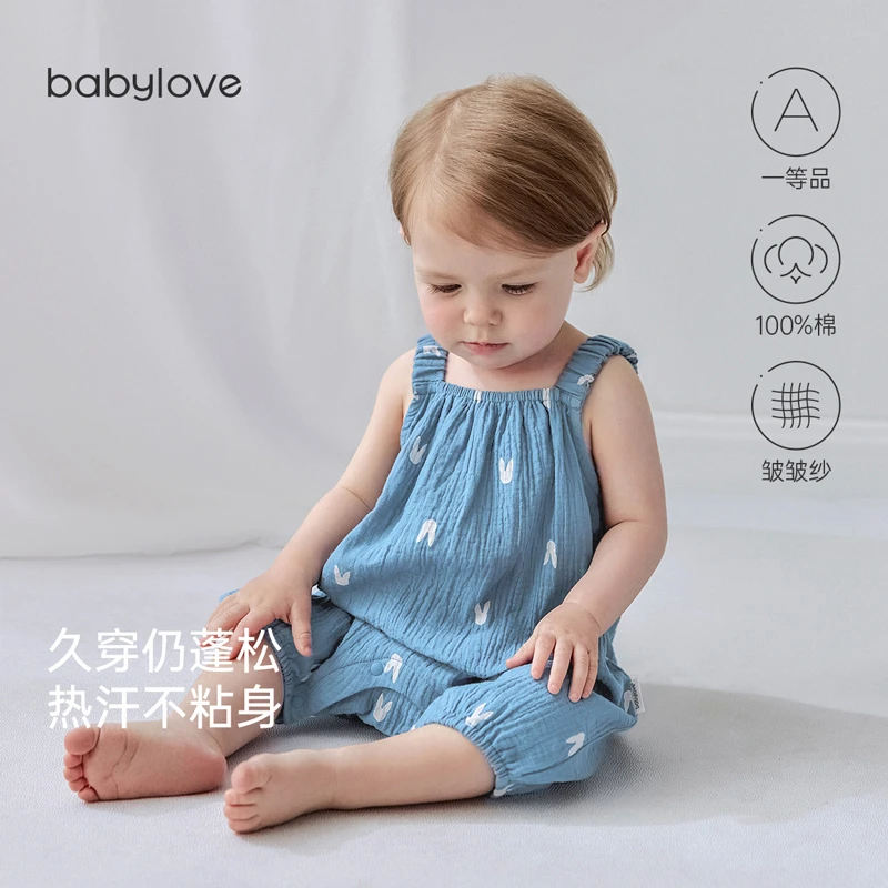babylove婴童吊带连体衣夏季纯棉纱布透气无袖哈衣爬服休闲外出服