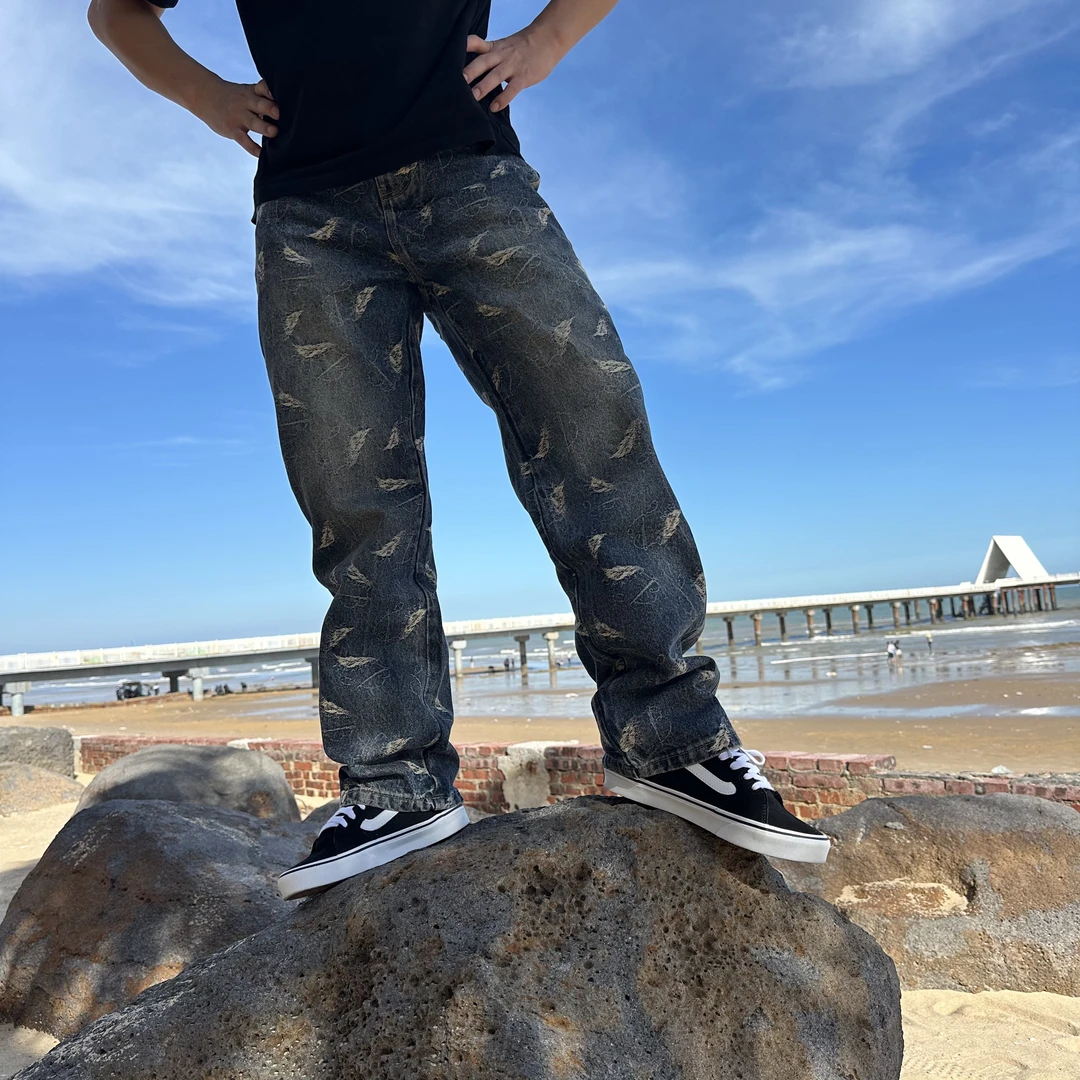 【赤原】 全新纳米洗水羽毛高街通体提花宽松秋冬牛仔裤男士复古