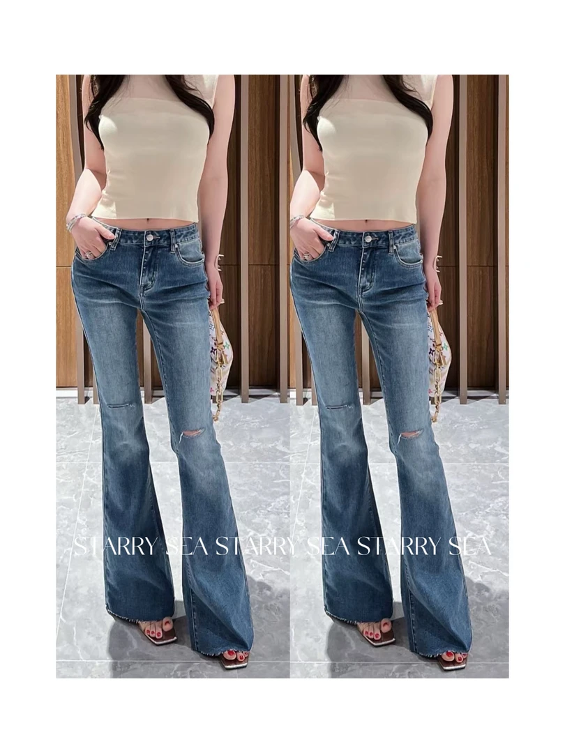 PP福利【修容裤】复古水洗蓝显瘦破洞毛边牛仔微喇裤#PP0117KZ