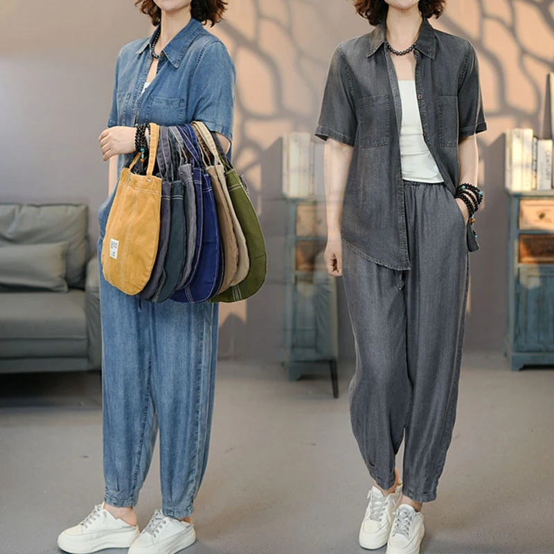 520-362蓝/黑套装2025夏季新款天丝短袖衬衫裤子百搭上衣九分裤