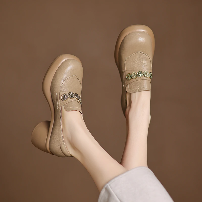 菓苒真皮高跟乐福鞋英伦风百搭厚底小个子增高小皮鞋粗跟春秋单鞋