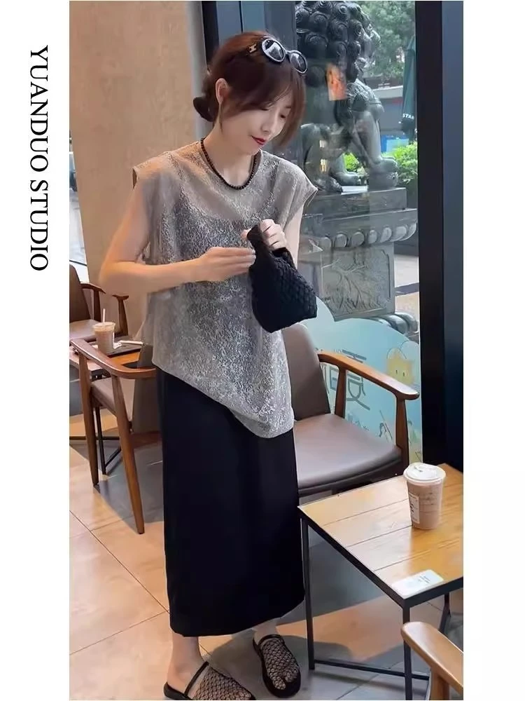 女装套装轻奢高级感女人味宽松无袖气质上衣高腰垂感半身裙两件套