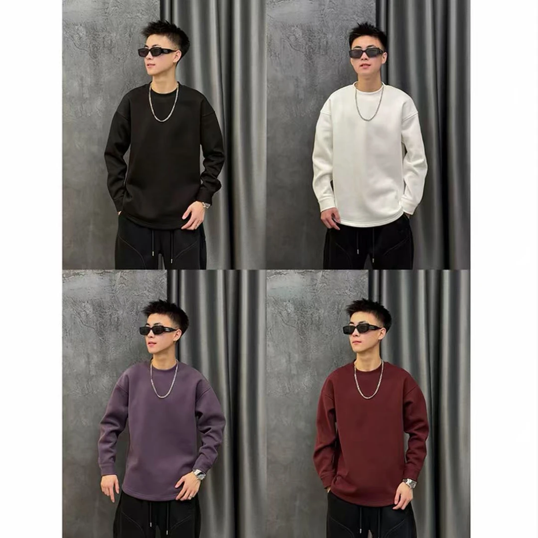 秋冬季新款加绒加厚圆领秋冬宽松落肩袖卫衣套头简约情侣百搭