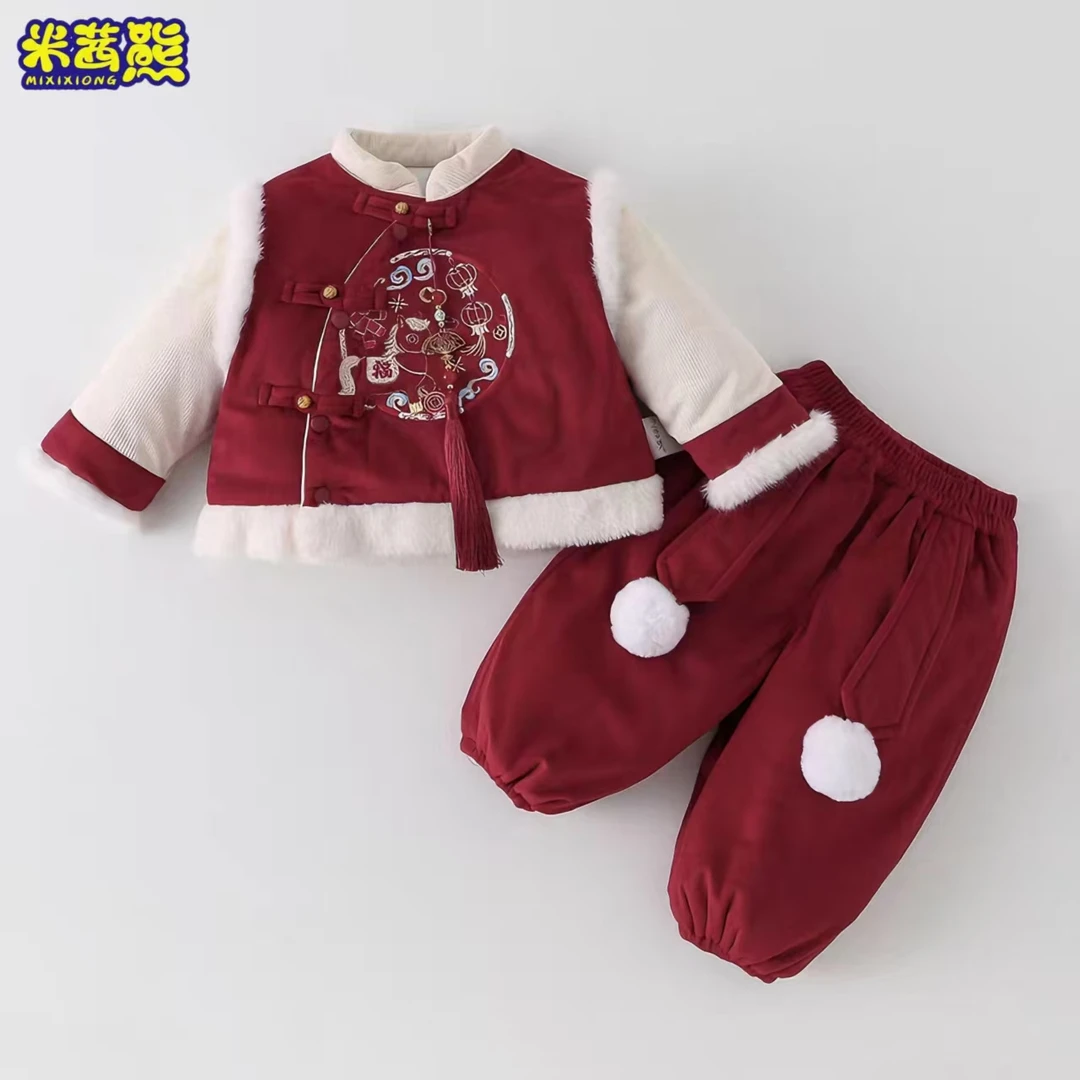 儿童汉服套装冬季新款女宝宝加绒加厚周岁礼服男童国风唐装拜年服