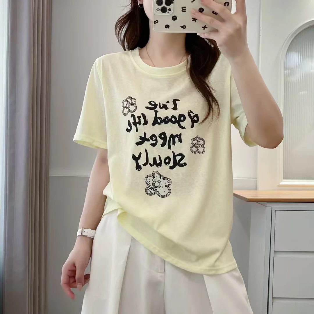 韩系涂鸦花朵字母短袖T恤女2025夏季新款设计感宽松显瘦圆领上衣