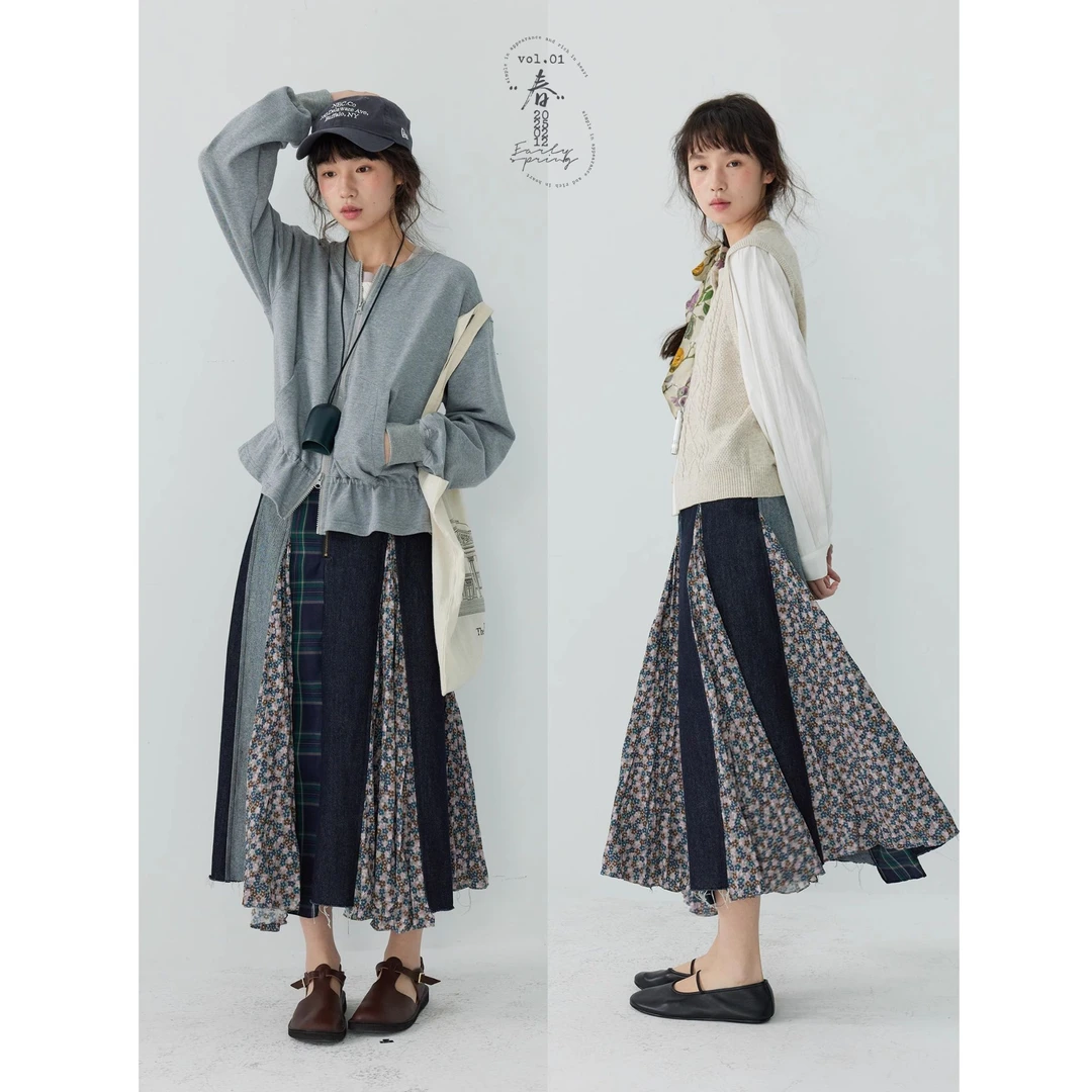 「白描工作间」"奥利弗特区"日系流浪风设计拼接a字半身裙牛仔裙