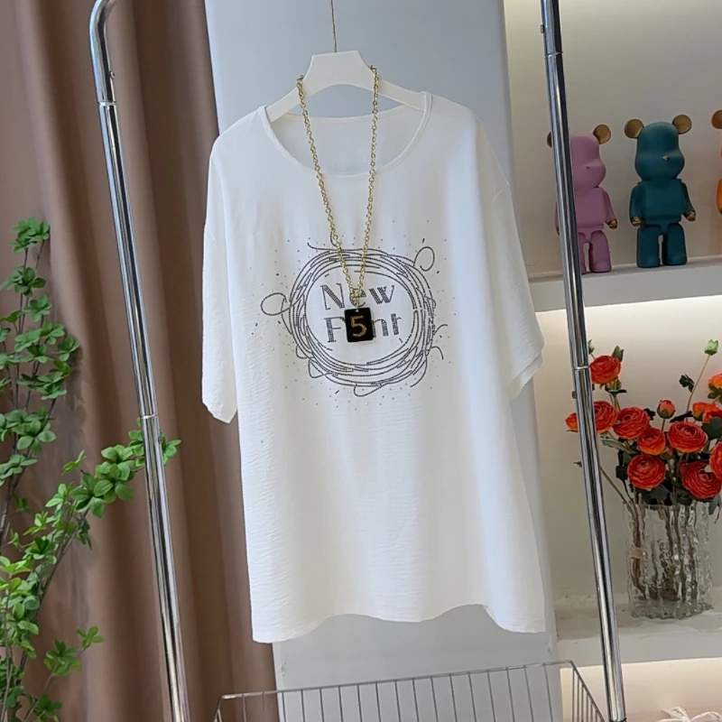 1978欧货重工烫钻圆领短袖T恤夏季时尚潮流大版休闲中长款上衣女