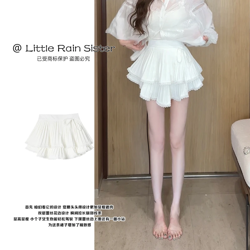 小雨姐姐夏款【芭蕾漫步】甜美减龄感系带装饰蕾丝花边百褶双层短裙