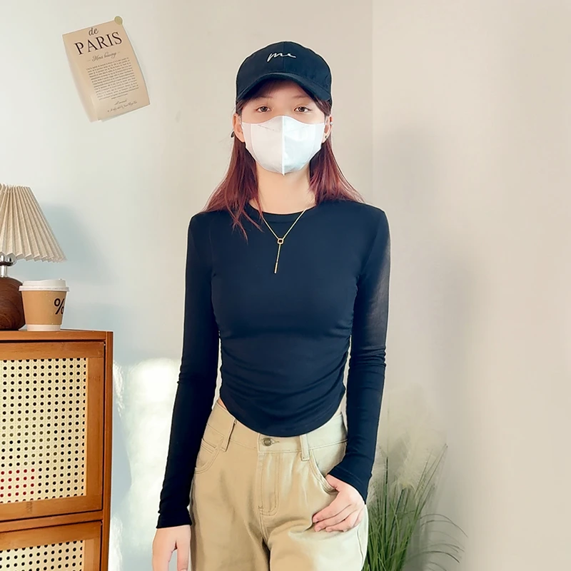 长袖圆领女秋冬女士褶皱收腰设计T恤打底衫内搭修身圆领t恤打底衫