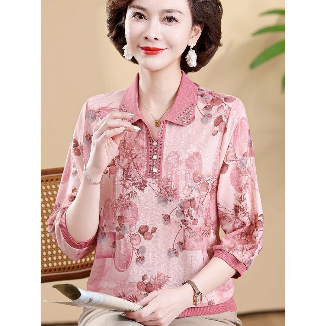 妈妈春夏装上衣时尚翻领印花小衫新款中老年女七分袖冰丝打底T恤