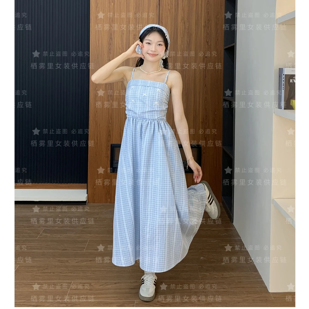 【栖雾里女装】蓝色格纹抹胸吊带连衣裙女2025夏季爆款收腰长裙2615