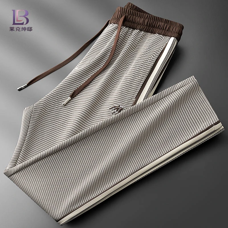 男士夏季轻奢薄款小脚休闲裤男潮流修身侧边织带提花直筒百搭长裤