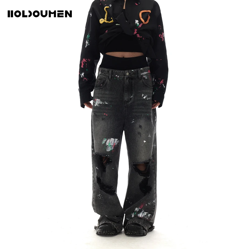 Holdoumen25春夏买手系列喷漆涂鸦牛仔长裤
