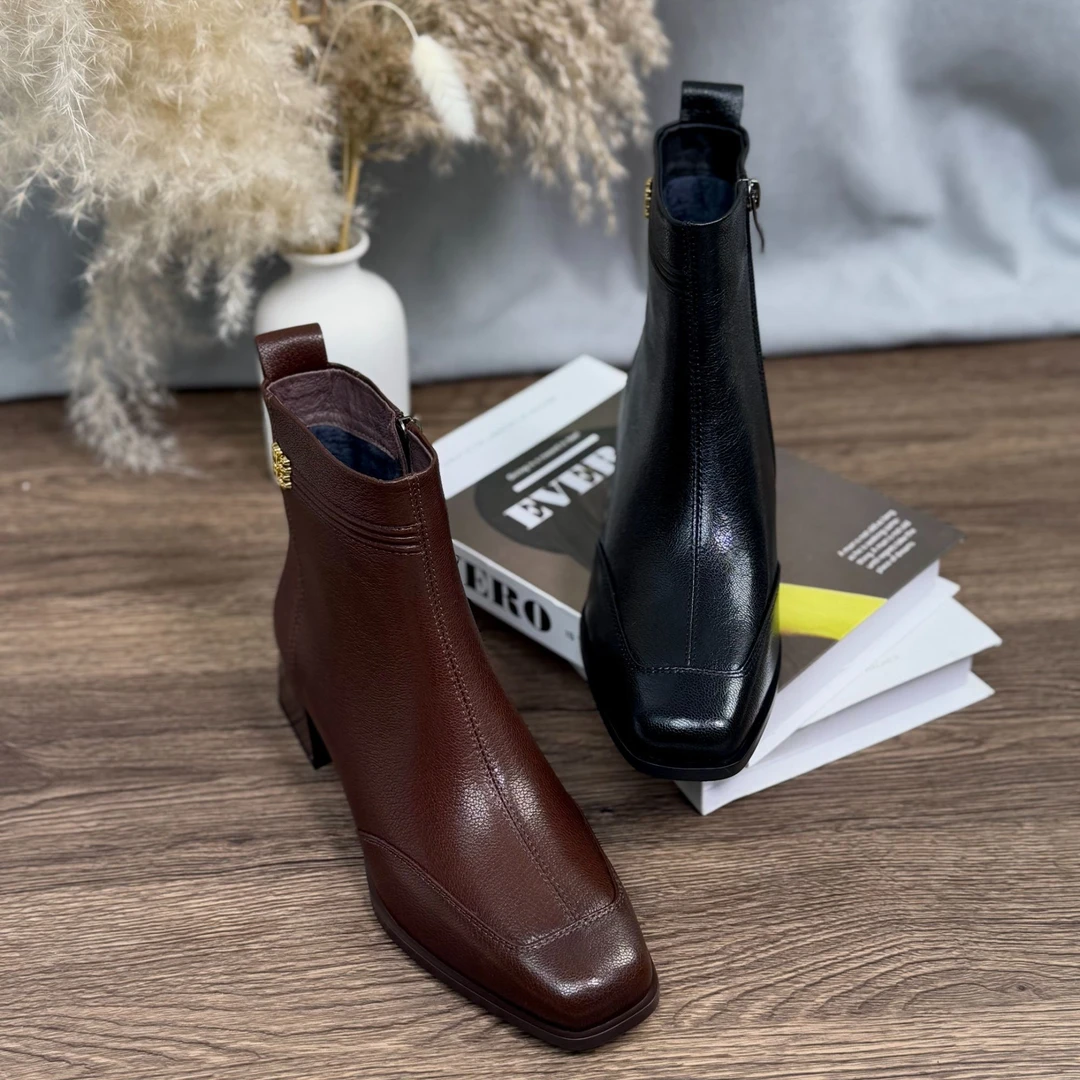 秋冬时尚方圆头手工保暖冬中跟女短靴单靴复古气质短靴女靴百搭