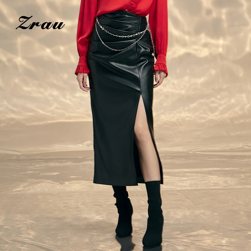 【达人专属】ZRAU复古高级感皮质开叉半身裙Z1241B0010