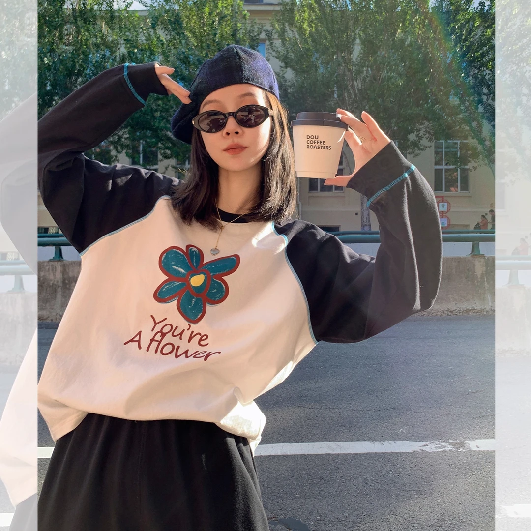 莉贝琳sisy店主自留花花世界插肩袖T恤撞色长袖T恤女S25108TS15