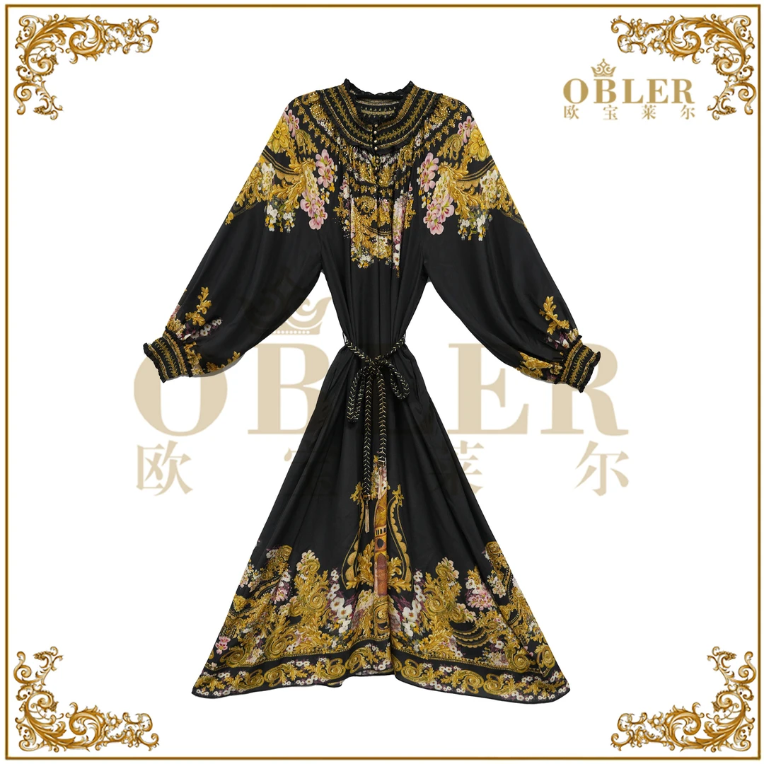 【巴洛克古堡】2025新款定位印花绑带钉钻连衣裙305-25194-2