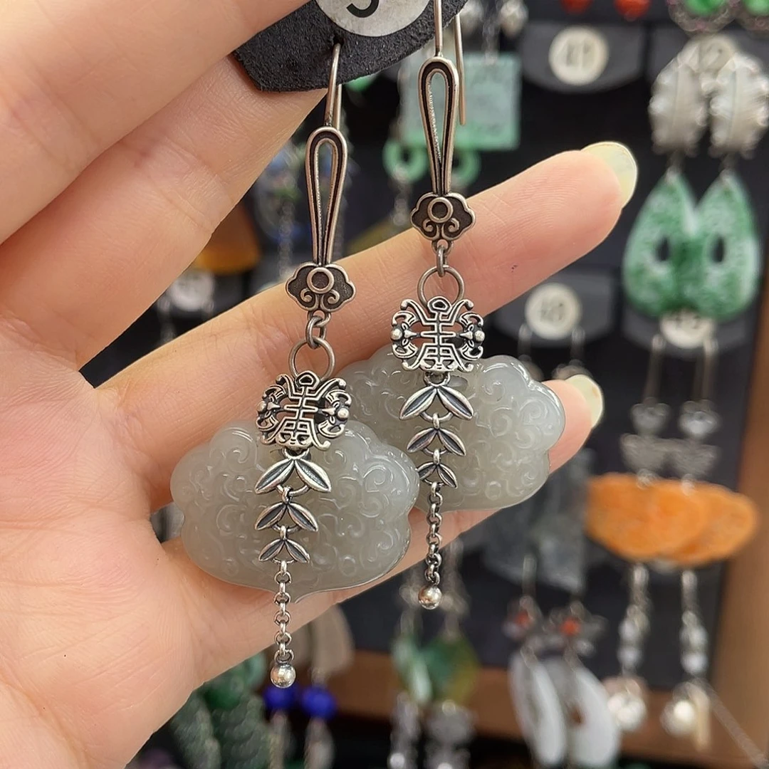 无***尘和田玉银S925镶嵌耳饰647ghjhhh