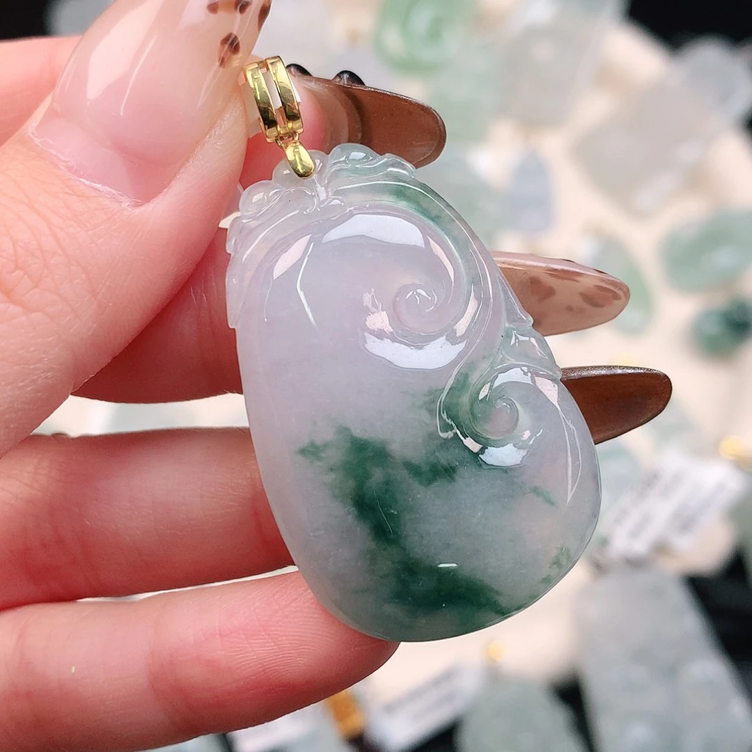 翡翠颈饰18K金镶嵌蓝花如意48、39.5、25.5、5.5