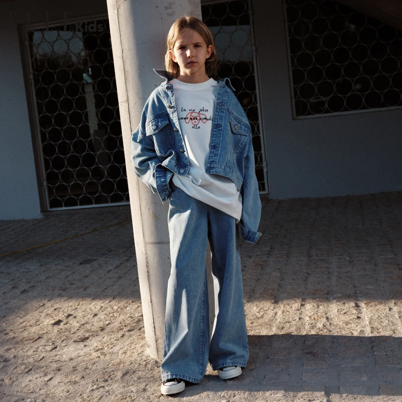 ELLE KIDS经典莱赛尔牛仔长裤女童春季新款法式百搭宽松裤子S2