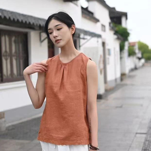 YIWEN雨露亚麻设计感褶皱简约纯色百搭背心1174