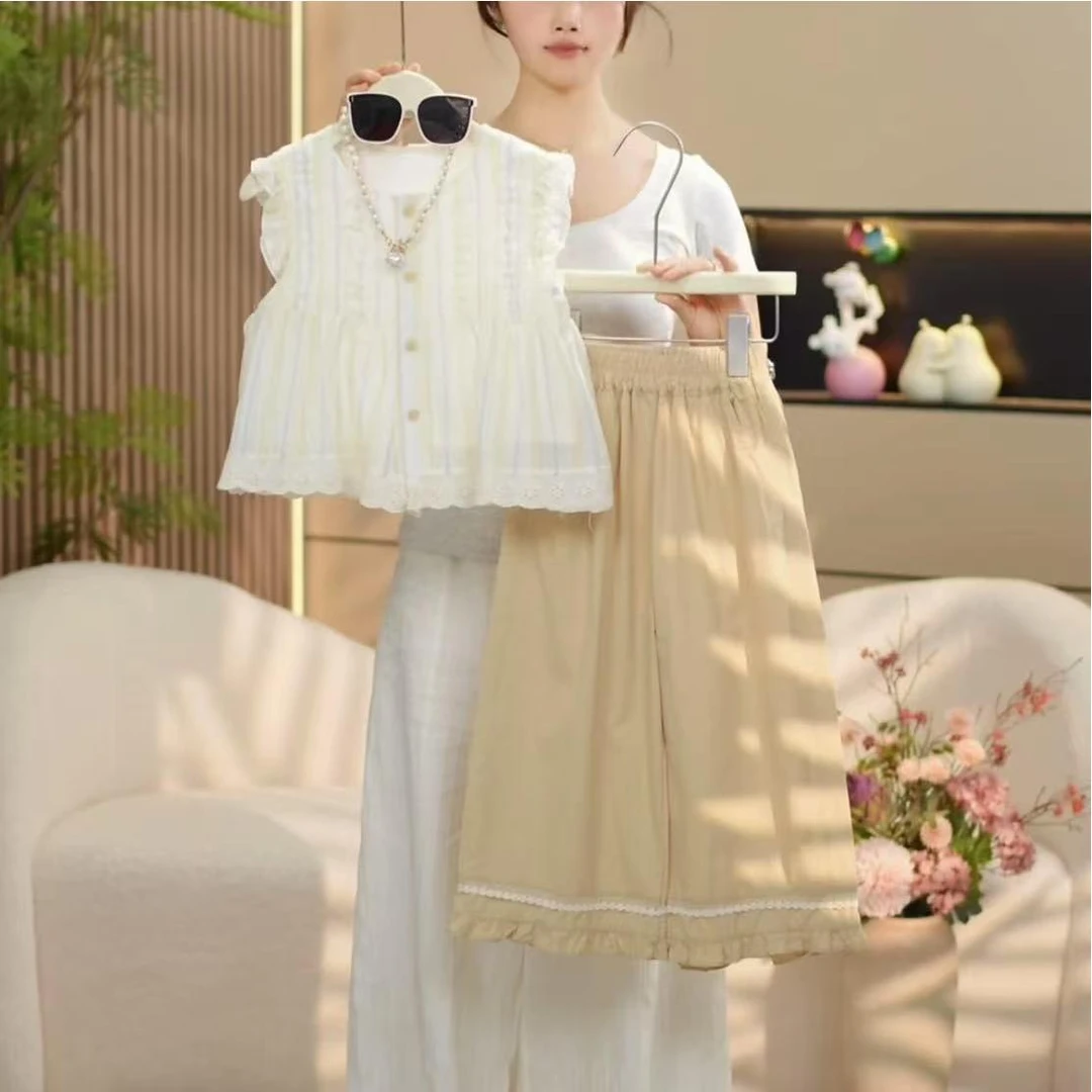女童套装夏季2025新款韩版洋气飞袖花边衬衫九分阔腿裤两件套