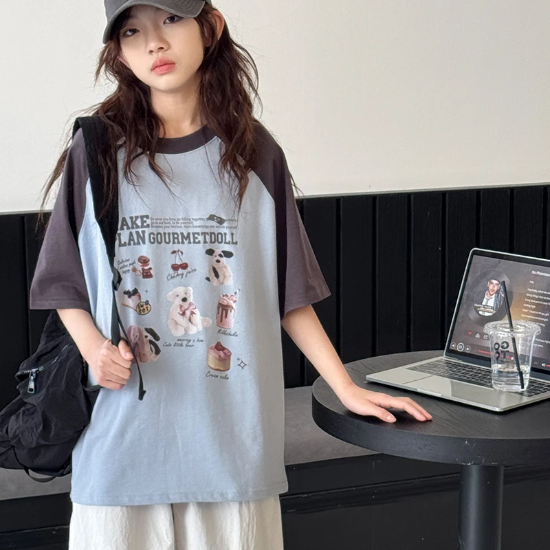 女童短袖T恤2025新款儿童插肩袖棉质上衣中大童夏装宽松百搭半袖t