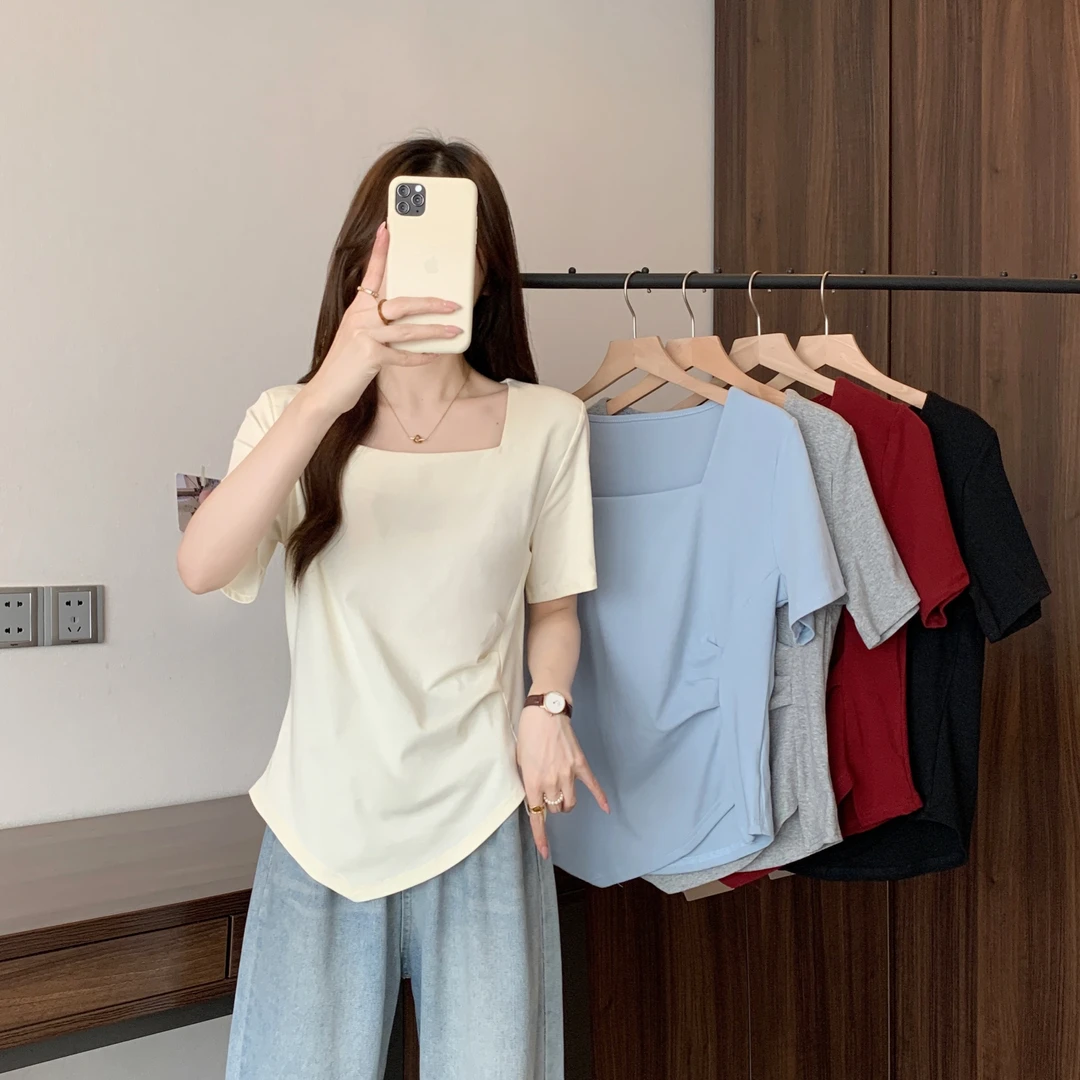 【依依3】现货2025夏装新款胖mm大码女时尚百搭遮肚显瘦方领短袖T恤