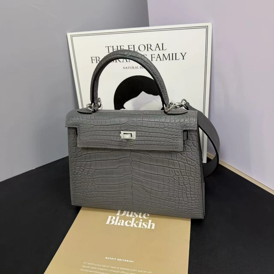 蛇年礼盒高定轻奢KL25CM两张半雾面湾鳄鱼皮气质单肩手提包