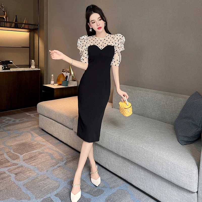 【思敏专属】拼接泡泡袖连衣裙修身显瘦名媛风包臀裙10065