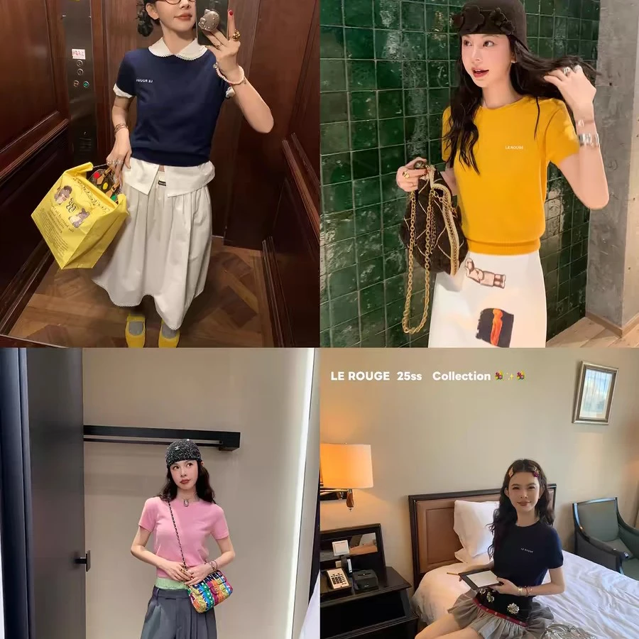 le rouge周美美 miu 复古多色全羊毛圆领刺绣logo针织短袖上衣