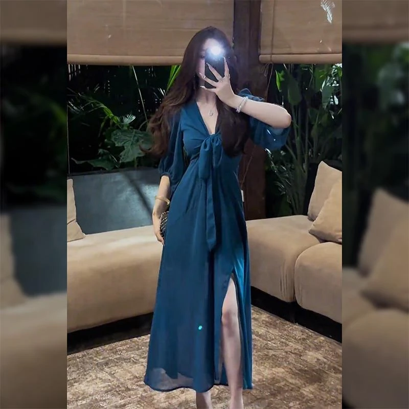 古早千金  超显白孔雀蓝御姐风名媛性感系带v领连衣裙开叉长裙子