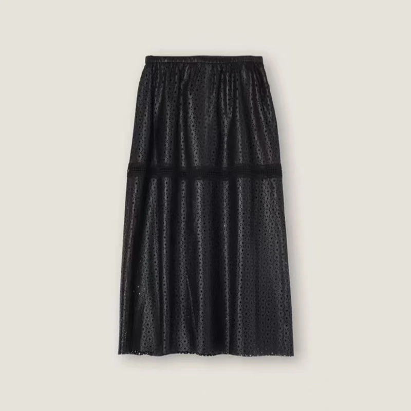 8512【圆舞曲】女士镂空A字裙真皮绵羊皮通勤长裙半身裙高腰松紧带